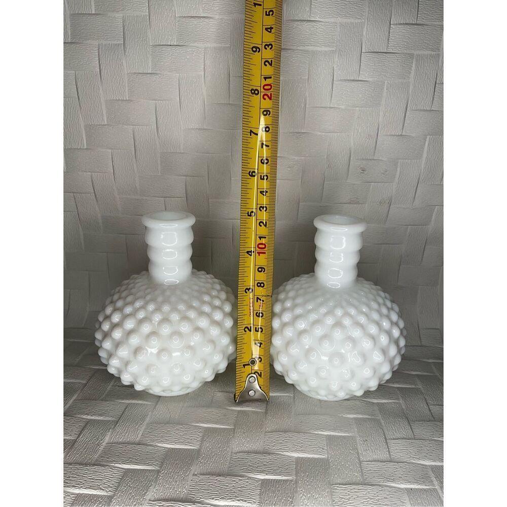 Milk Glass Hobnail Round Ribbed 5" Bud Set of 2 Vases Barber’s Perfume Bottle - Picture 7 of 12